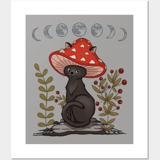 Cottagecore Aesthetic Cat With Mushroom Hat Posters and Art